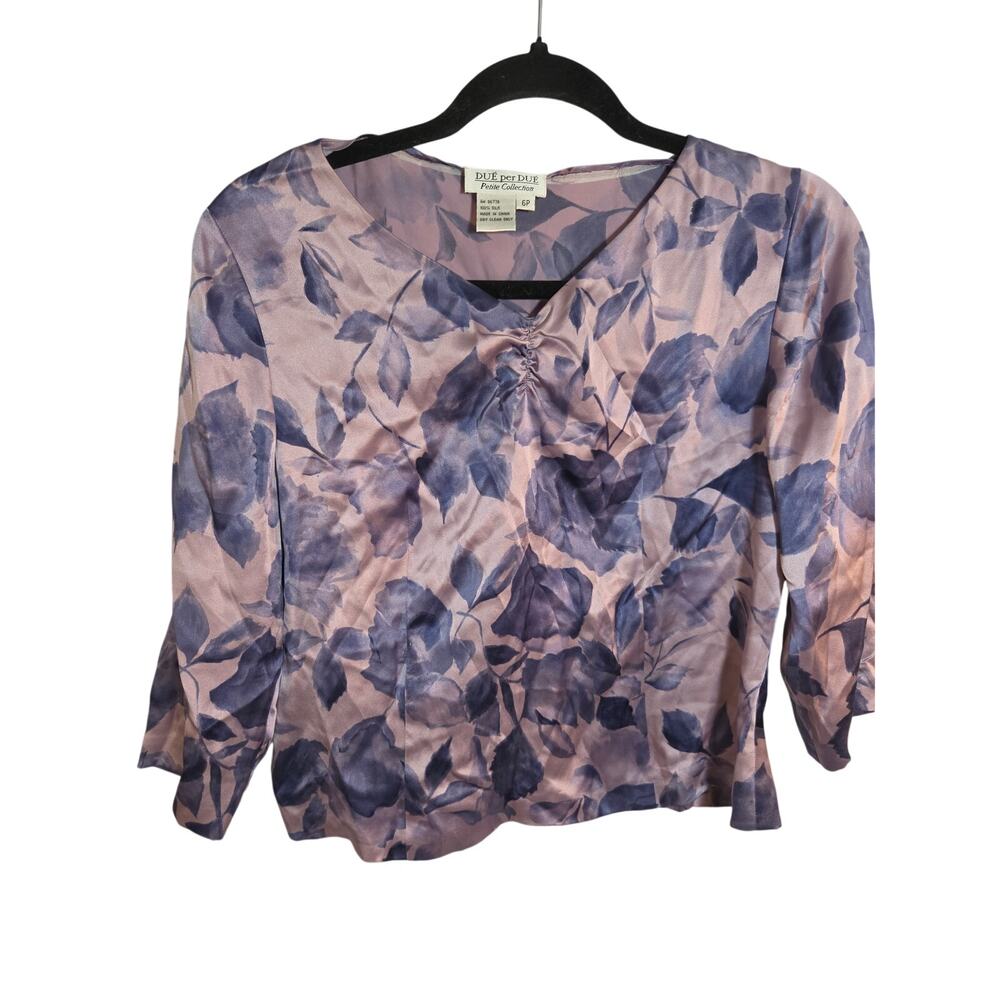 Dué per Dué Petite 100% Silk Blouse Size 6P Watercolor Rose Print Bell Sleeve